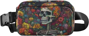 Fanny Pack Water Resistant Adjustable Belt Crossbody Waist Pack for Running Hiking Traveling-Skull Vibrant Flowers Print 85.31.6 inch