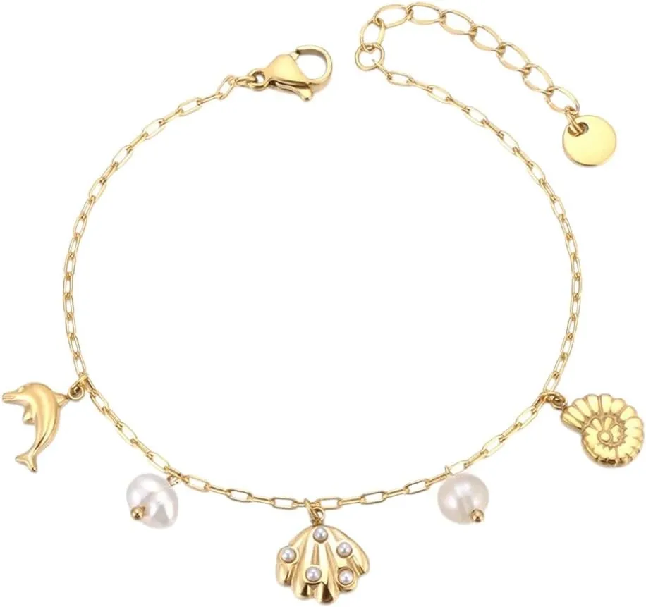 Fashion Ocean Charm Bracelet Natural Pearl & Shell Fish Stainless Steel Bangle Beach Jewelry For Women B25065