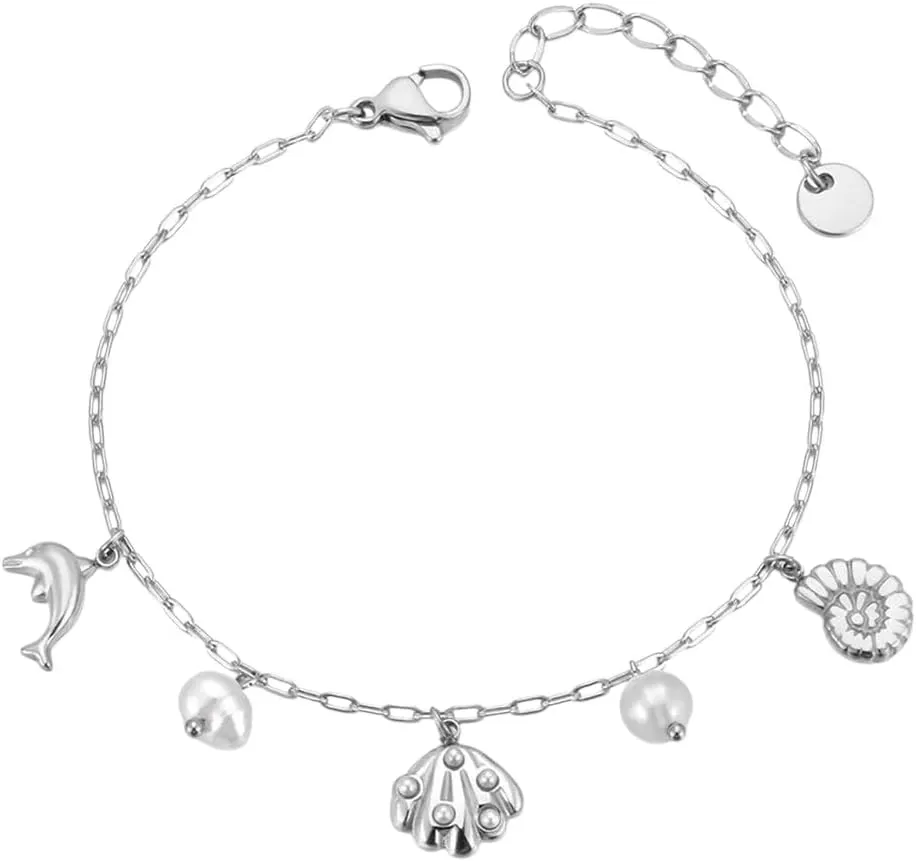 Fashion Ocean Charm Bracelet Natural Pearl & Shell Fish Stainless Steel Bangle Beach Jewelry For Women B25065
