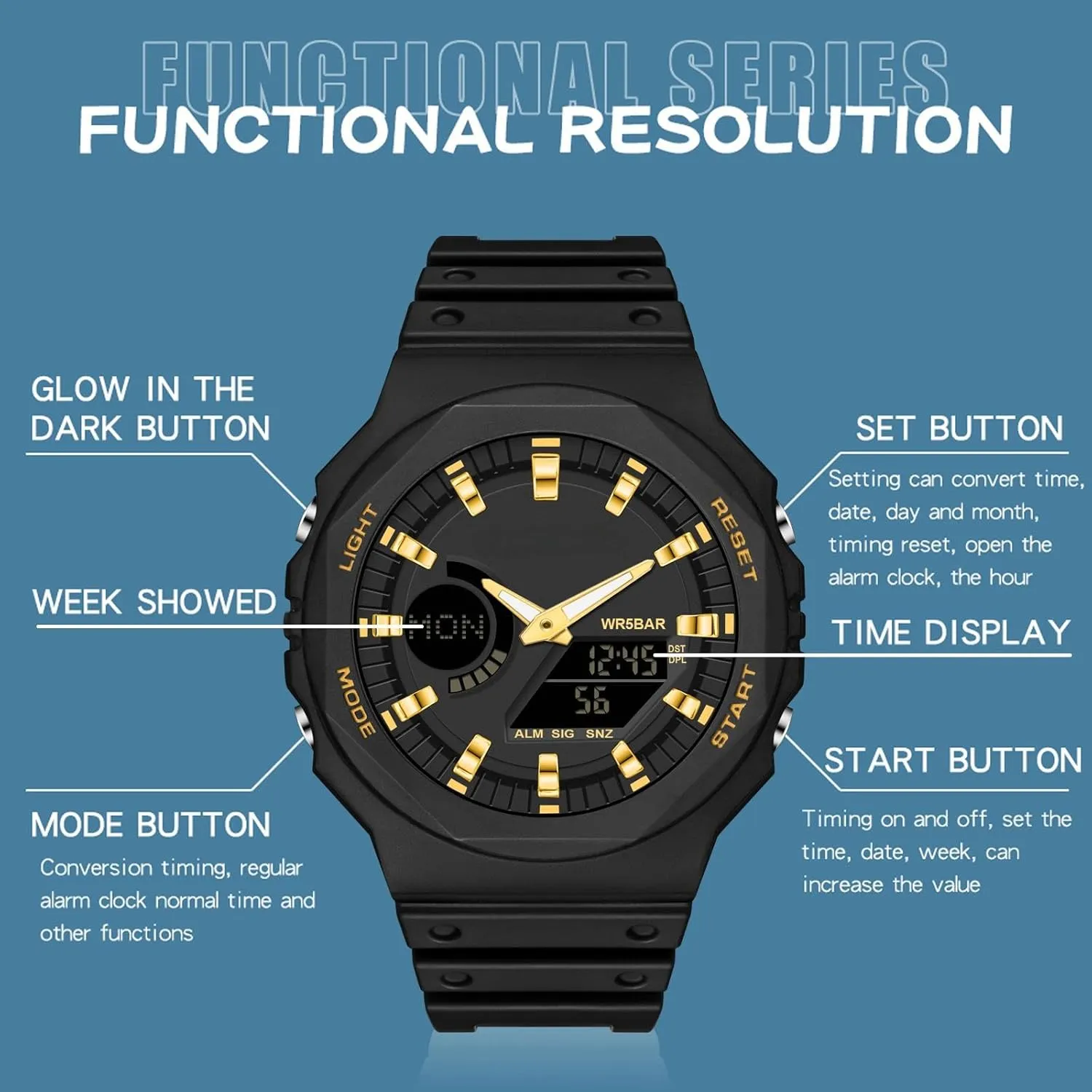 findtime Black Unisex Watches Digital, Watches for Men Women Waterproof Sports Electronic Men's Wristwatches Reloj Deportivo para Hombre LED Stopwatch