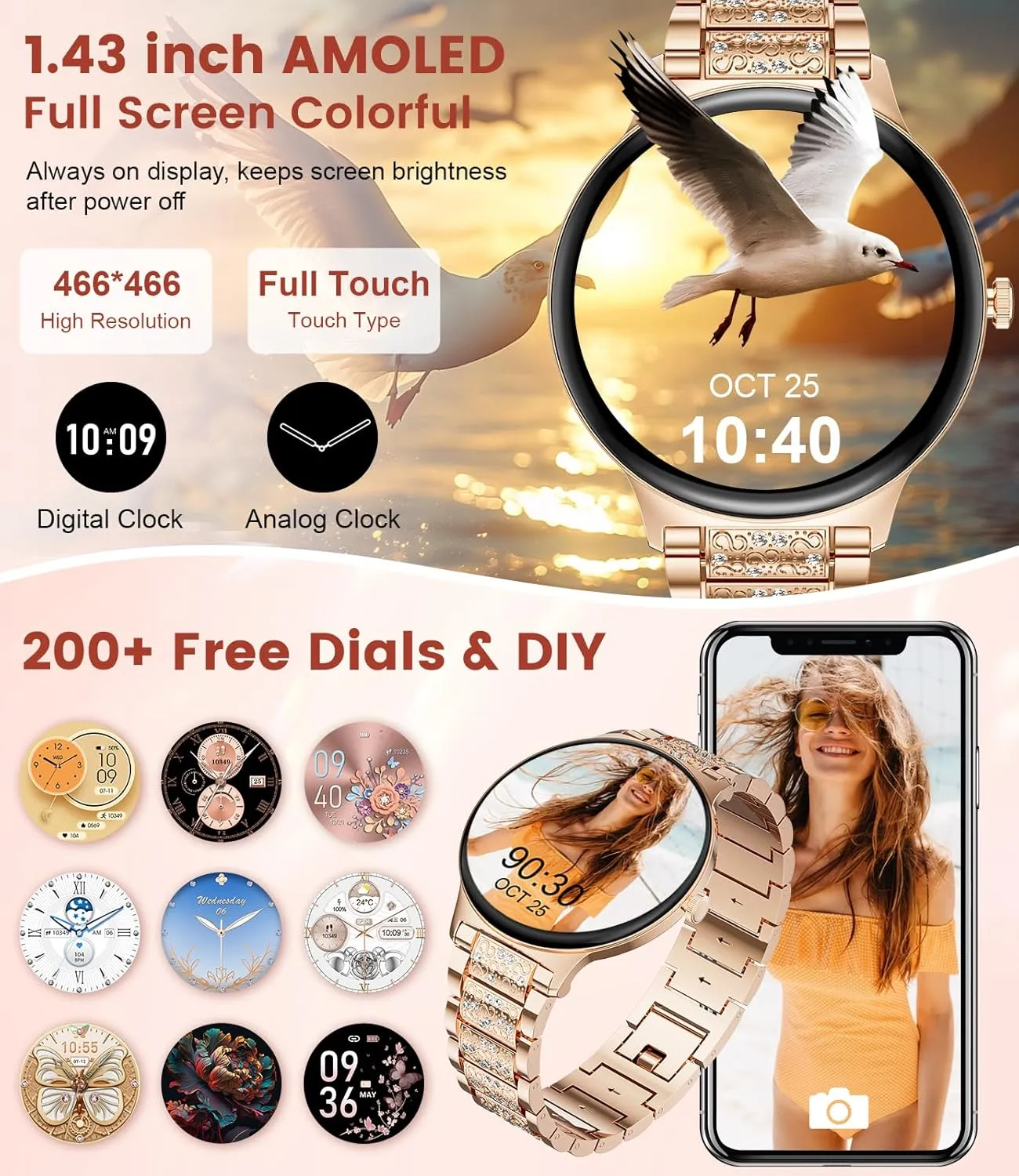 Fitness Smart Watches for Women(Answer/Make Call), 1.43" AMOLED Android Smart Watch with Heart Rate Monitor/Sleep Tracker/120 Sports Modes, iOS Android Fitness Tracker(2 Watch Straps)