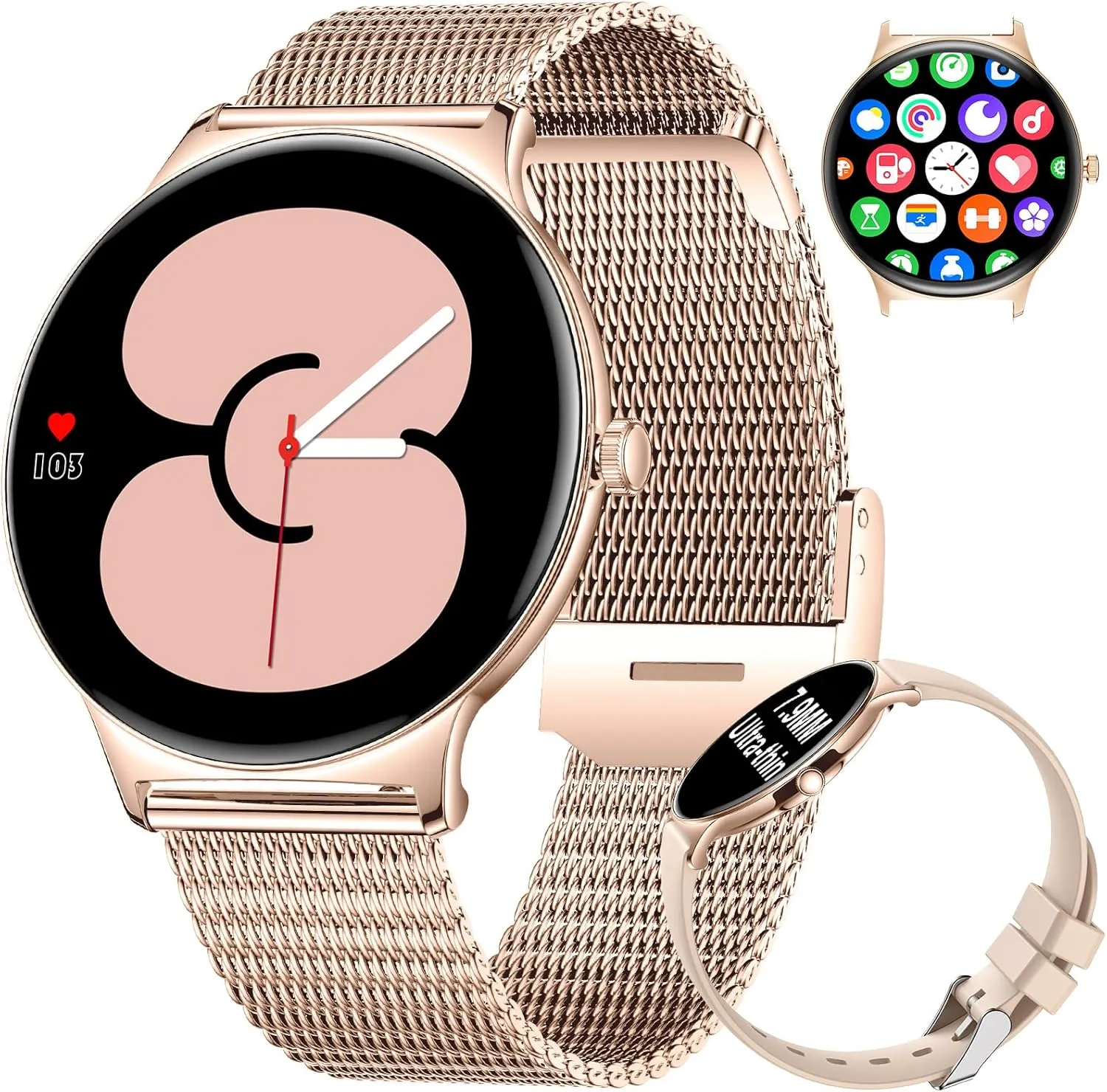 Fitness Smart Watches for Women(Answer/Make Call), 1.43" AMOLED Android Smart Watch with Heart Rate Monitor/Sleep Tracker/120 Sports Modes, iOS Android Fitness Tracker(2 Watch Straps)