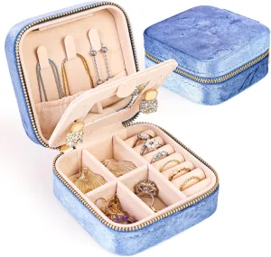 Fixwal Travel Plush Velvet Jewelry Box with Mirror Mini Jewelry Case for Women Girls Small Portable Organizer Boxes for Rings Earrings Necklaces Bracelet - Blue