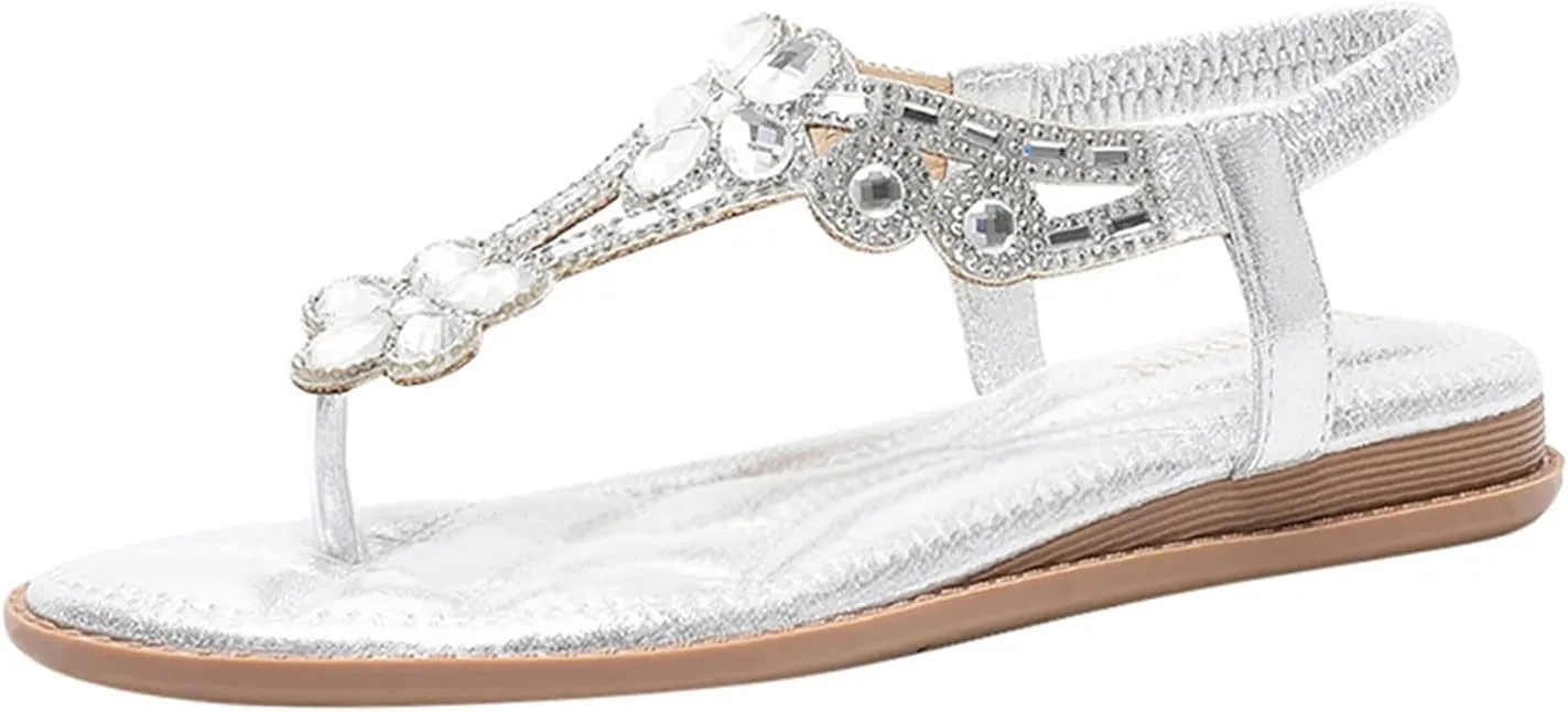 Flat Sandals Open Toe Slingback Shoes Womens Walking Sandals Comfortable Ankle Elastic Jeweled Bohemian Flats