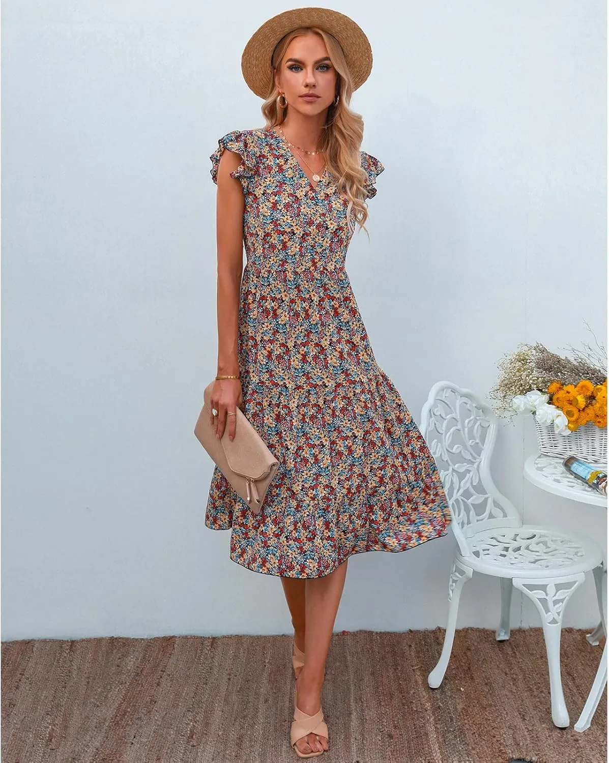 Floral Dress for Women Summer V Neck Flying Sleeve Ruffle Hem Boho Casual Loose Fit Plus Size Maternity Long Dresses