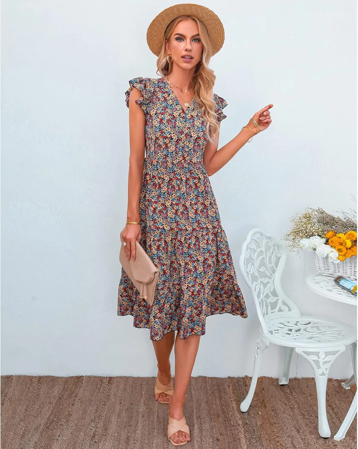 Floral Dress for Women Summer V Neck Flying Sleeve Ruffle Hem Boho Casual Loose Fit Plus Size Maternity Long Dresses