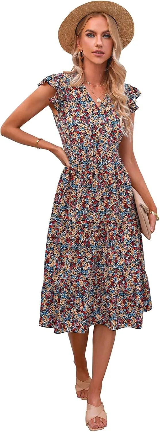 Floral Dress for Women Summer V Neck Flying Sleeve Ruffle Hem Boho Casual Loose Fit Plus Size Maternity Long Dresses
