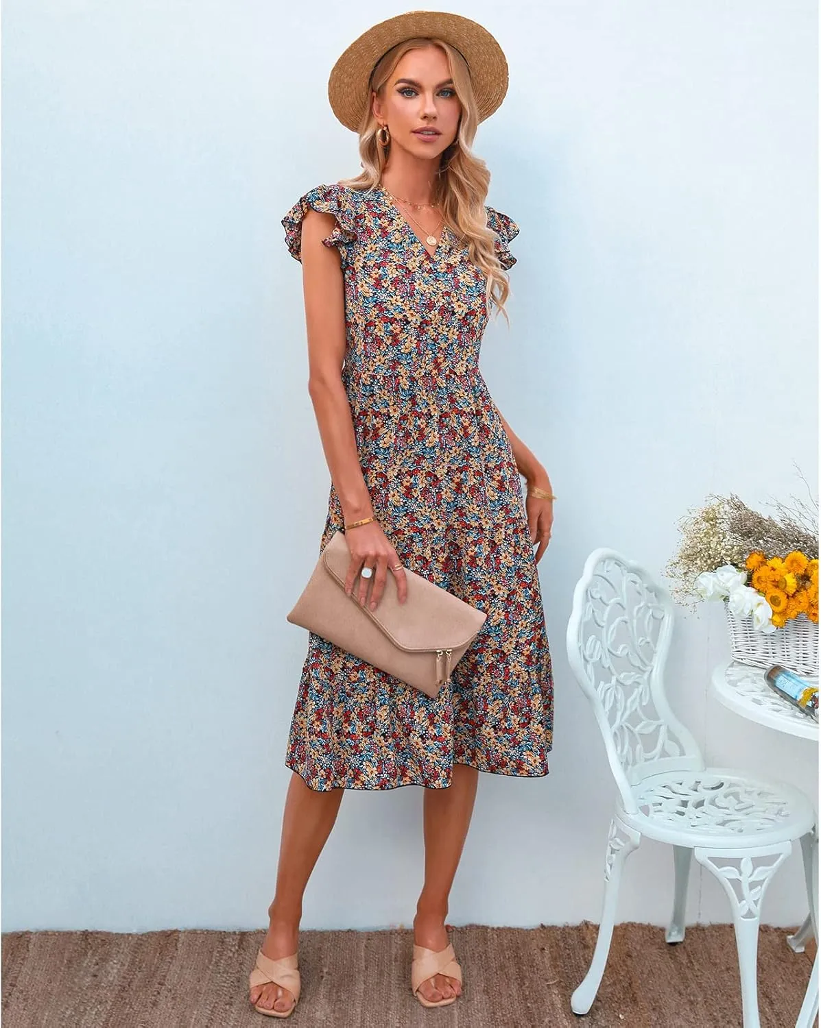 Floral Dress for Women Summer V Neck Flying Sleeve Ruffle Hem Boho Casual Loose Fit Plus Size Maternity Long Dresses