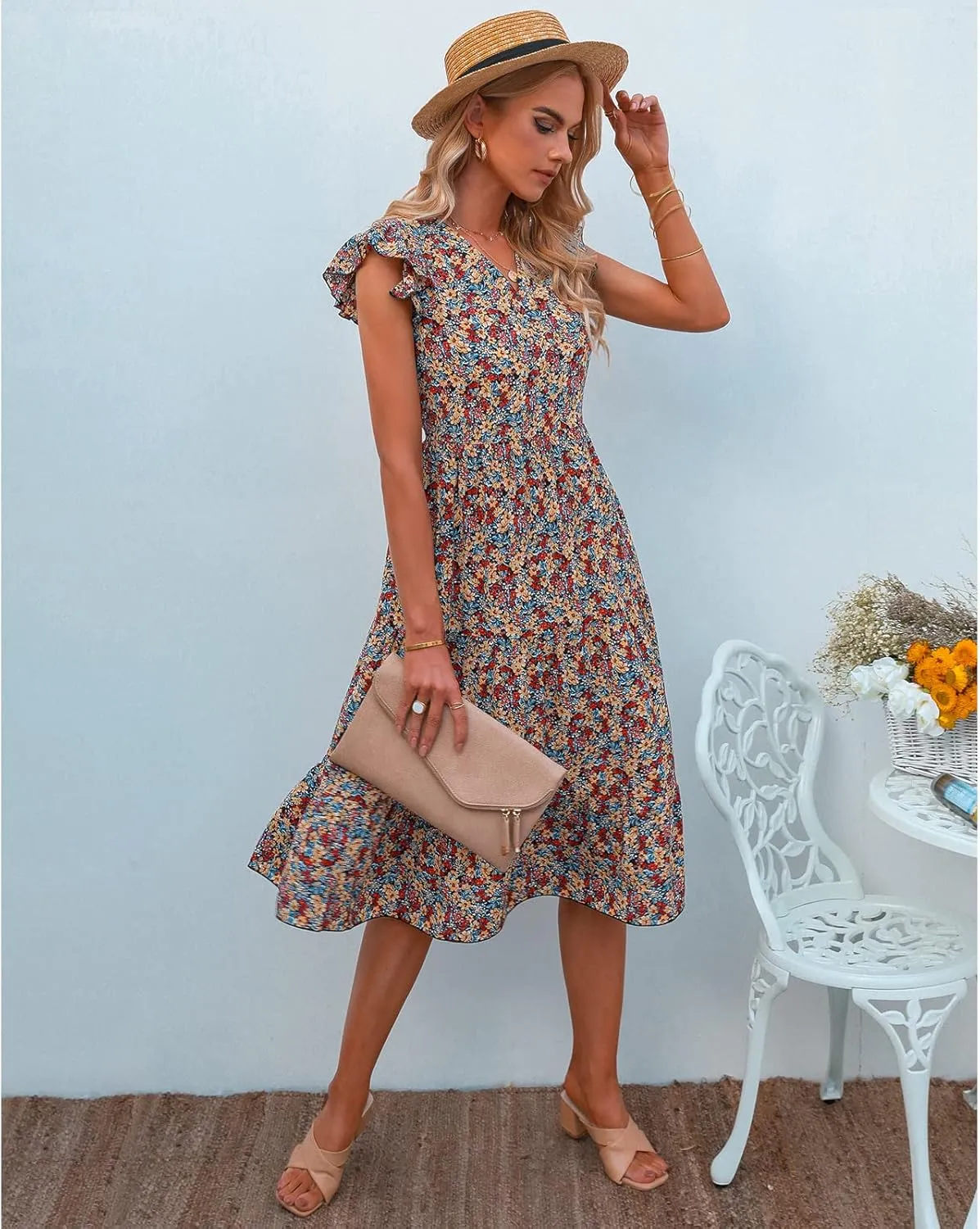 Floral Dress for Women Summer V Neck Flying Sleeve Ruffle Hem Boho Casual Loose Fit Plus Size Maternity Long Dresses