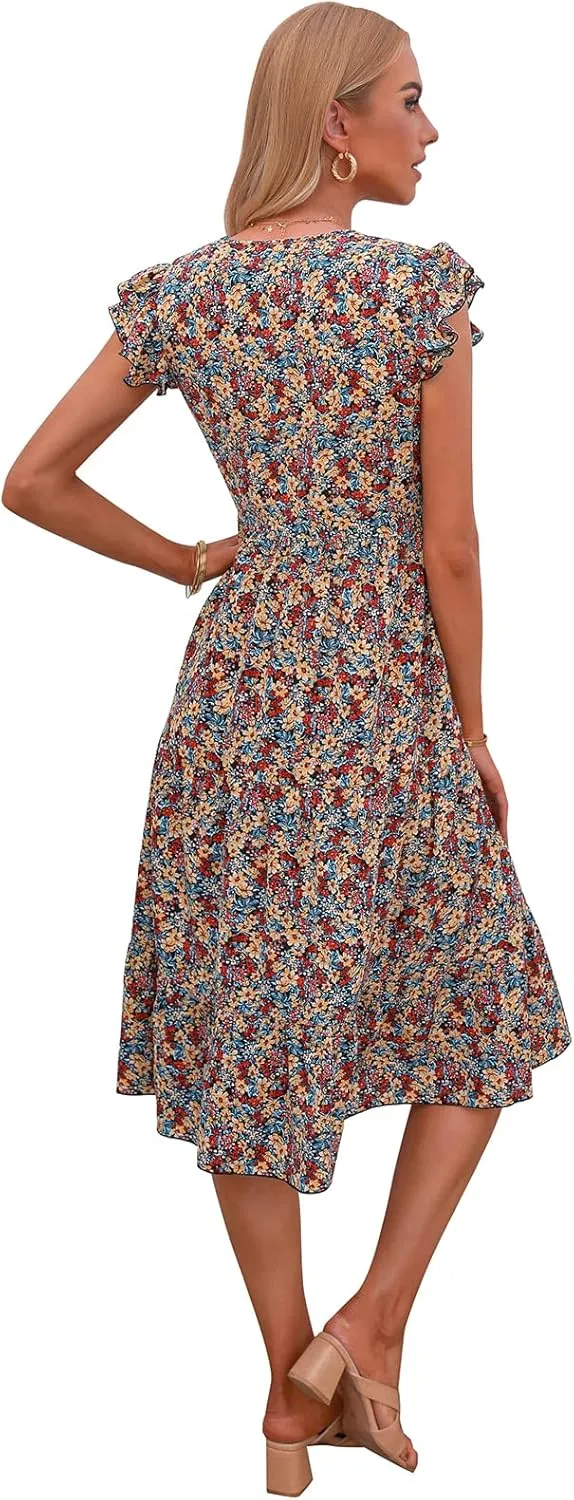 Floral Dress for Women Summer V Neck Flying Sleeve Ruffle Hem Boho Casual Loose Fit Plus Size Maternity Long Dresses