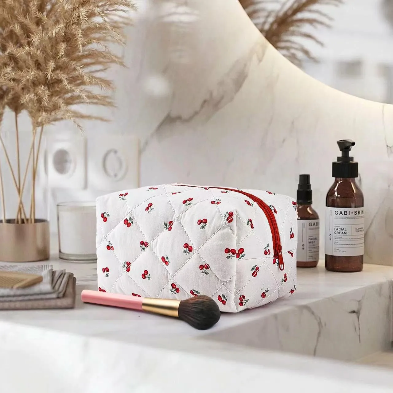 Floral Makeup Bag,Floral Quilted Makeup Bag,Large Cosmetic Bag,Fashionable Travel Makeup Pouch, Cute Cherry Makeup Bag,Puffy Coquette Makeup Bag, Attractive Quilted Makeup Bag