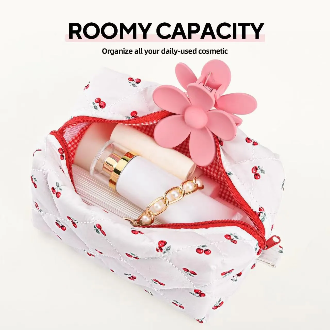 Floral Makeup Bag,Floral Quilted Makeup Bag,Large Cosmetic Bag,Fashionable Travel Makeup Pouch, Cute Cherry Makeup Bag,Puffy Coquette Makeup Bag, Attractive Quilted Makeup Bag