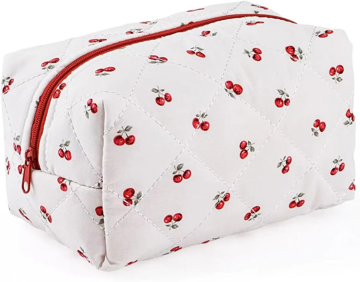 Floral Makeup Bag,Floral Quilted Makeup Bag,Large Cosmetic Bag,Fashionable Travel Makeup Pouch, Cute Cherry Makeup Bag,Puffy Coquette Makeup Bag, Attractive Quilted Makeup Bag
