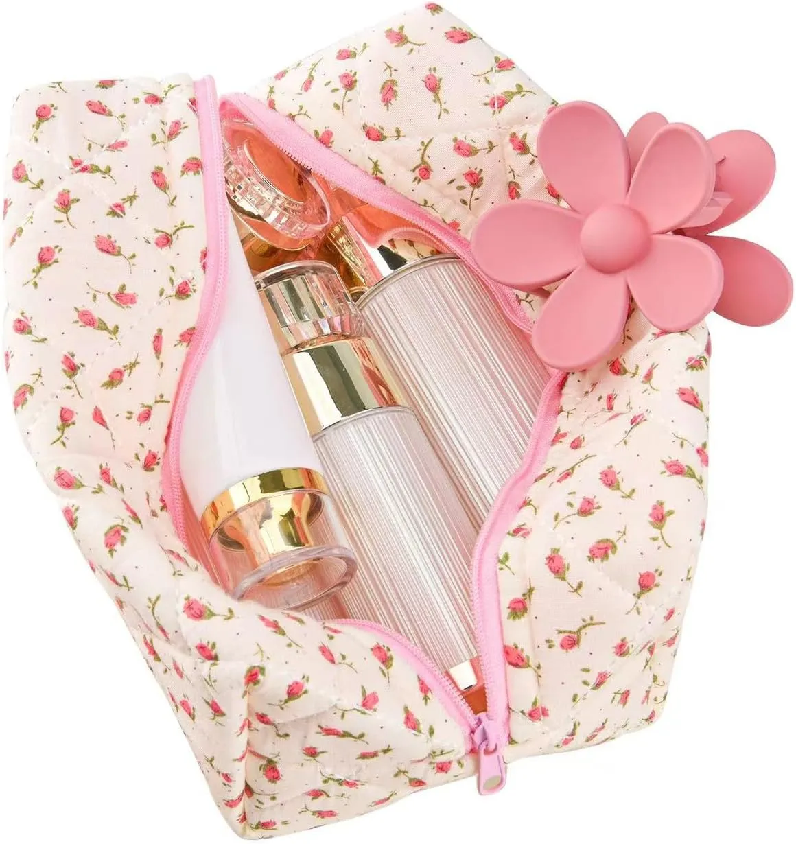 Floral Makeup Bag,Floral Quilted Makeup Bag,Large Cosmetic Bag,Fashionable Travel Makeup Pouch, Cute Pink Makeup Bag,Puffy Coquette Makeup Bag, Attractive Quilted Makeup Bag
