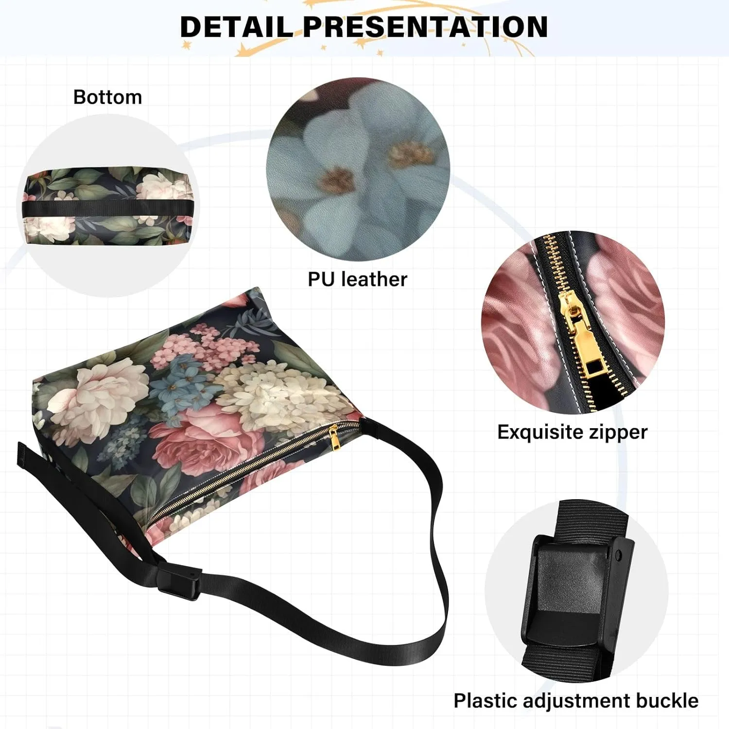 Floral on Dark Leather Shoulder Bag with Zipper, Woman Hobo Shoulder Bag, Leather Crossbody Shoulder Bag