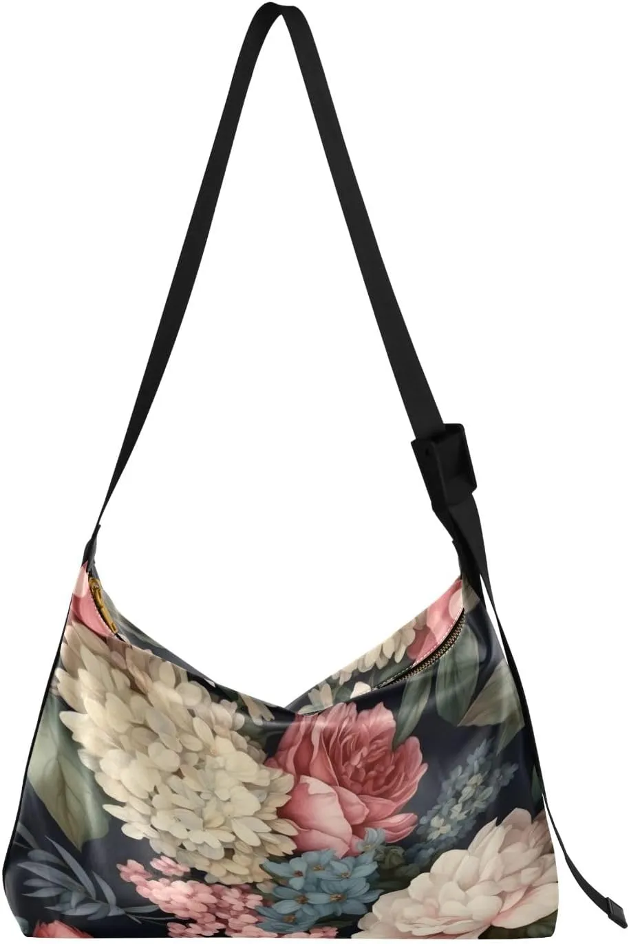 Floral on Dark Leather Shoulder Bag with Zipper, Woman Hobo Shoulder Bag, Leather Crossbody Shoulder Bag