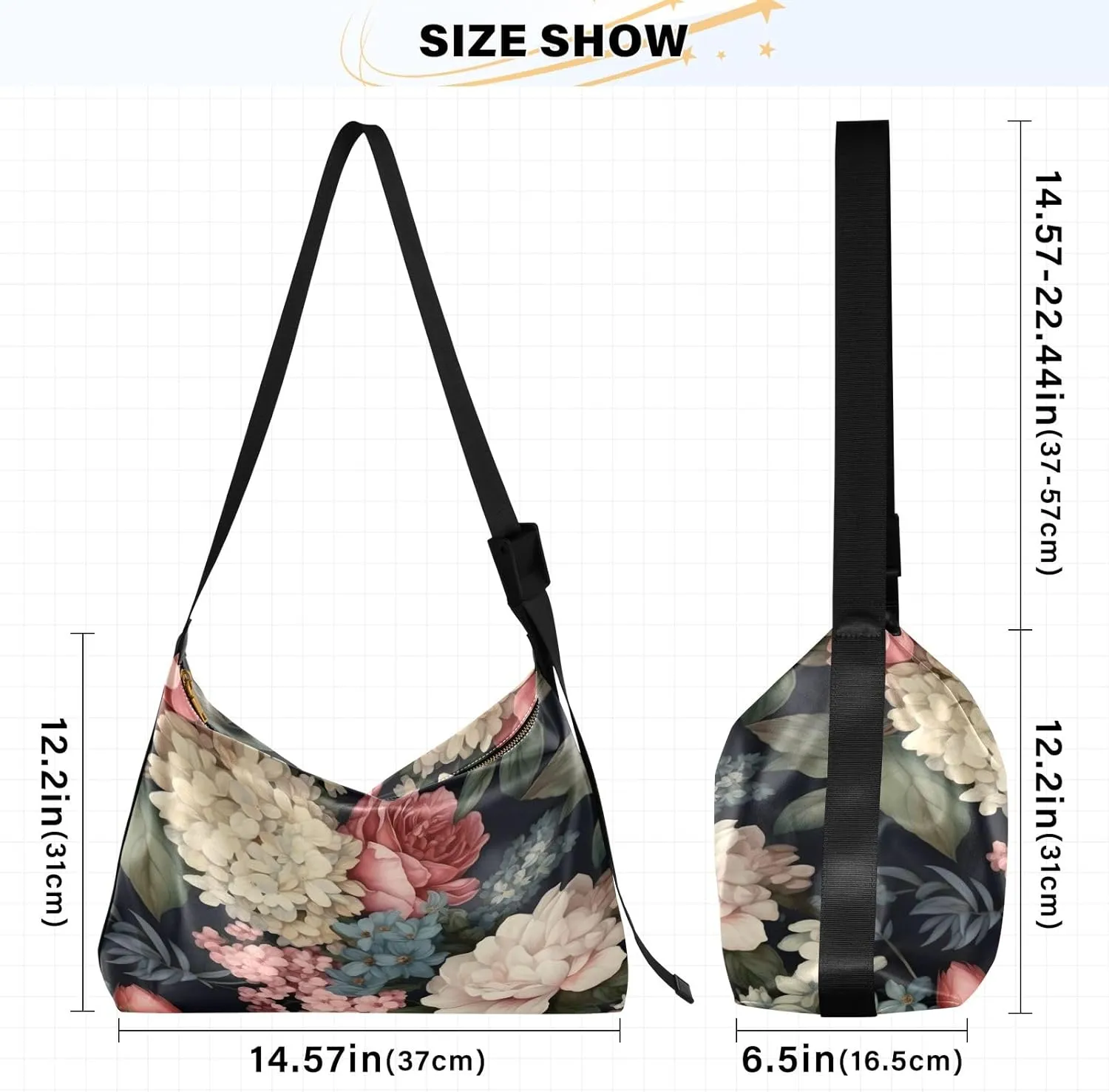 Floral on Dark Leather Shoulder Bag with Zipper, Woman Hobo Shoulder Bag, Leather Crossbody Shoulder Bag