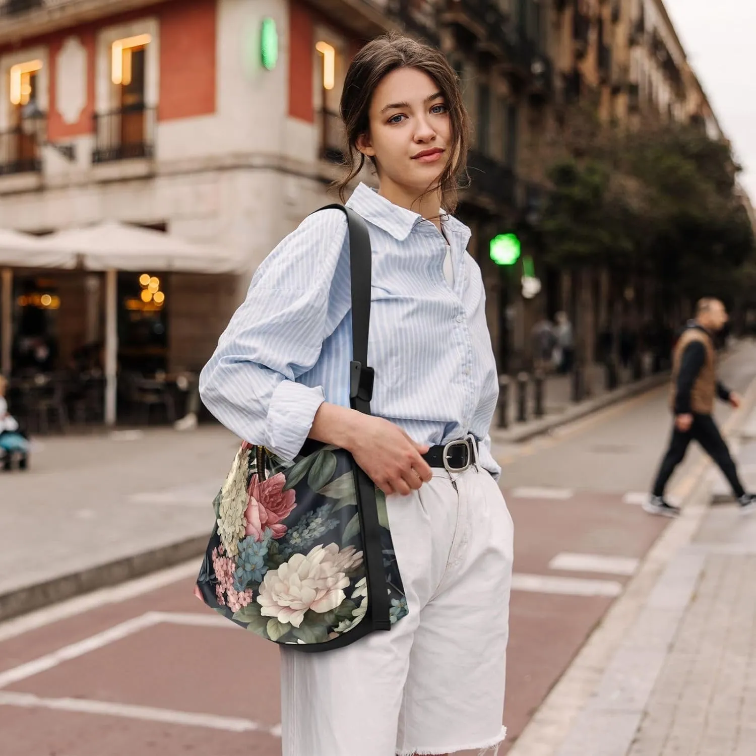 Floral on Dark Leather Shoulder Bag with Zipper, Woman Hobo Shoulder Bag, Leather Crossbody Shoulder Bag