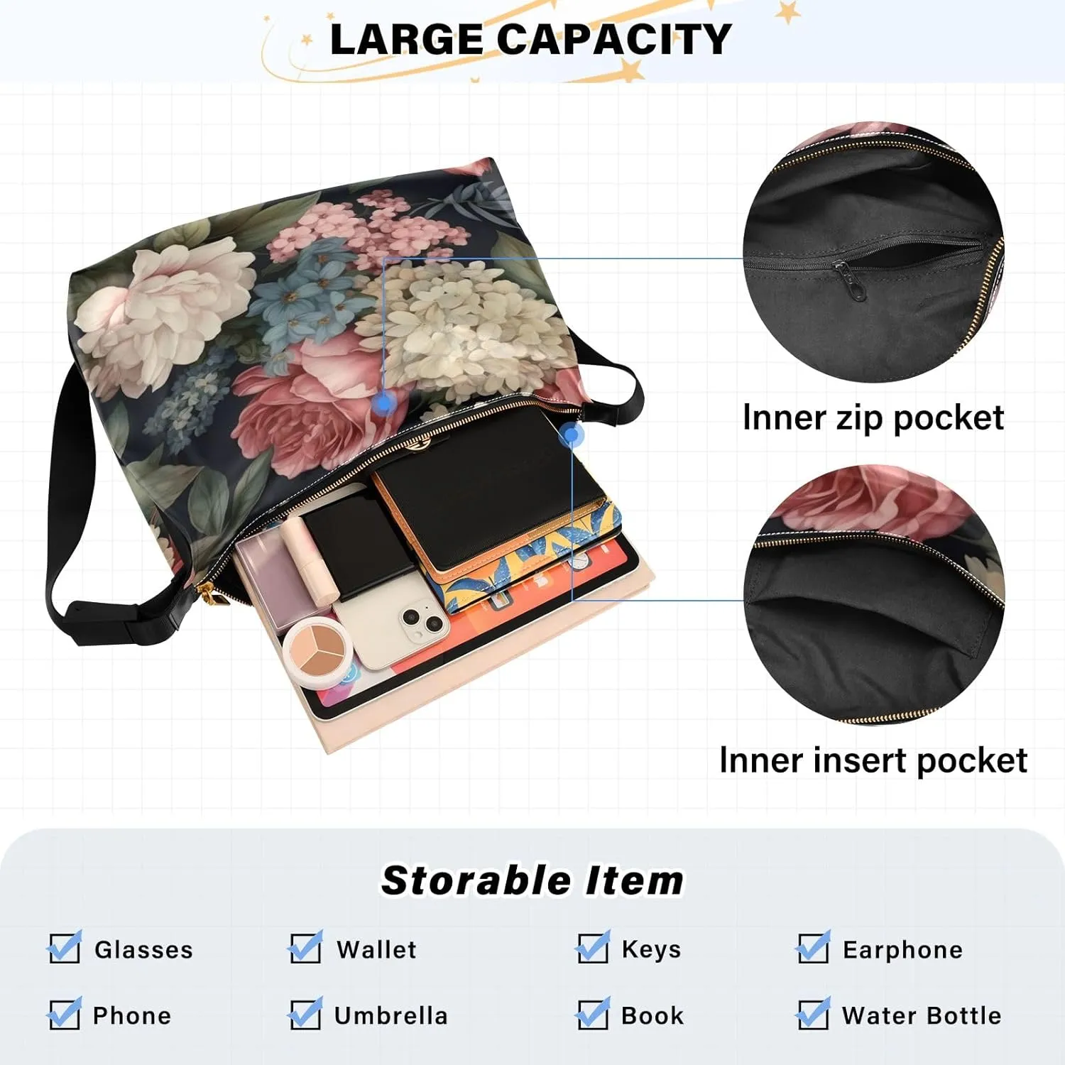 Floral on Dark Leather Shoulder Bag with Zipper, Woman Hobo Shoulder Bag, Leather Crossbody Shoulder Bag