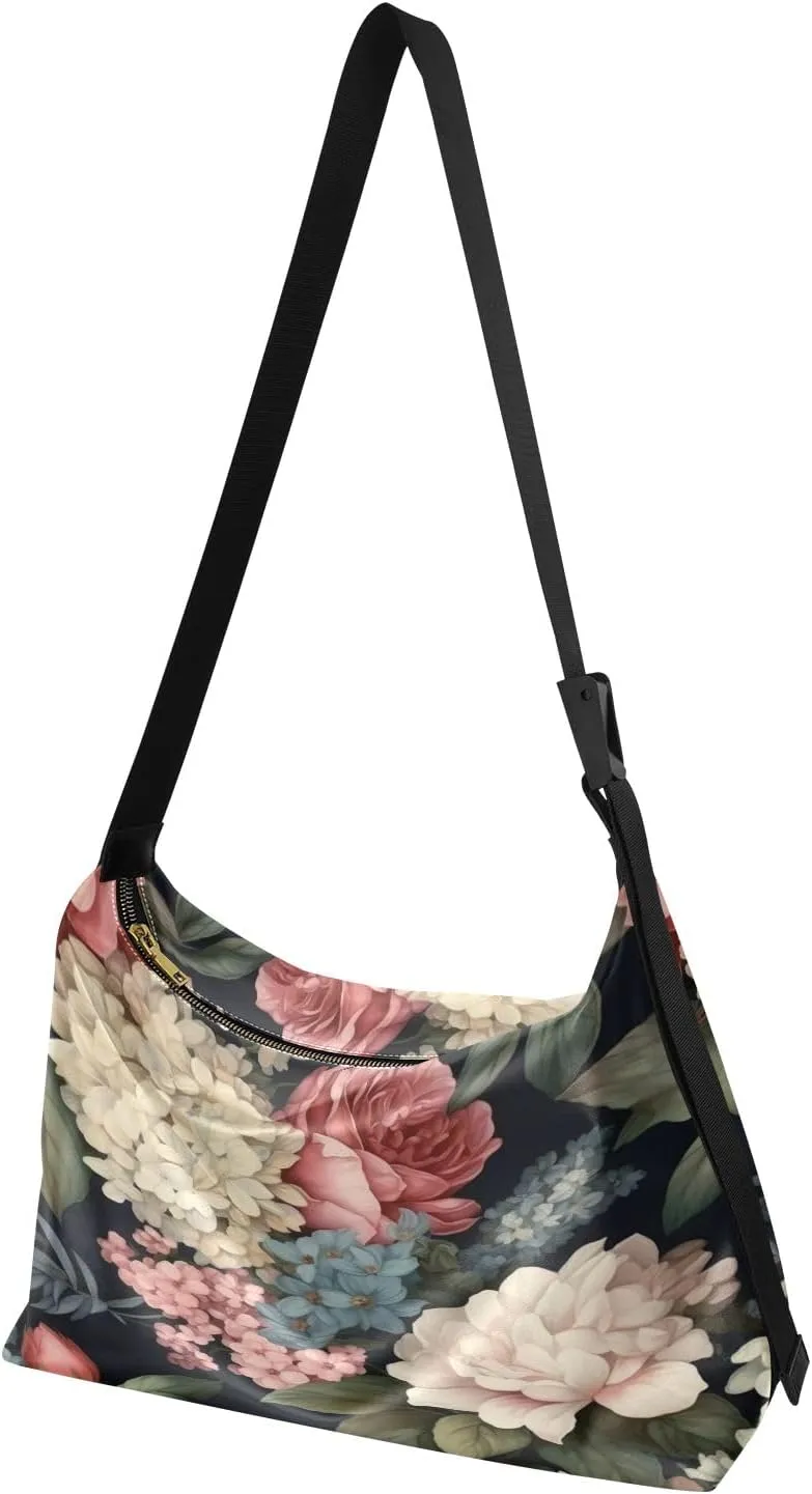 Floral on Dark Leather Shoulder Bag with Zipper, Woman Hobo Shoulder Bag, Leather Crossbody Shoulder Bag