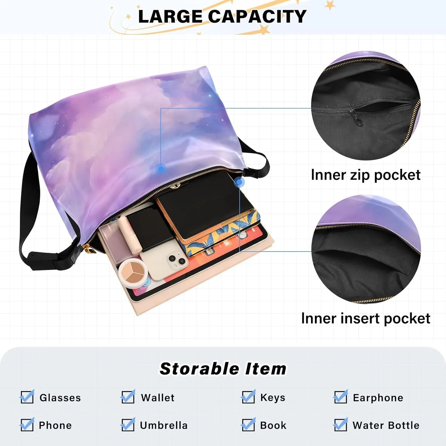 Floral on Dark Leather Shoulder Bag with Zipper, Woman Hobo Shoulder Bag, Leather Crossbody Shoulder Bag