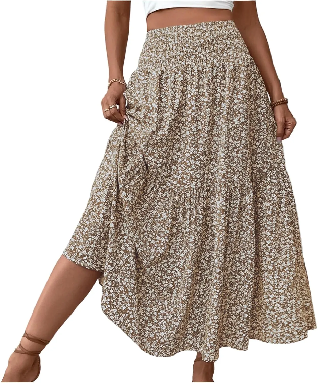 Floral Skirts for Women Summer Loose Casual Trendy Solid Elastic Waist Lightweight Boho Flowy Maxi Skirt, S-XL