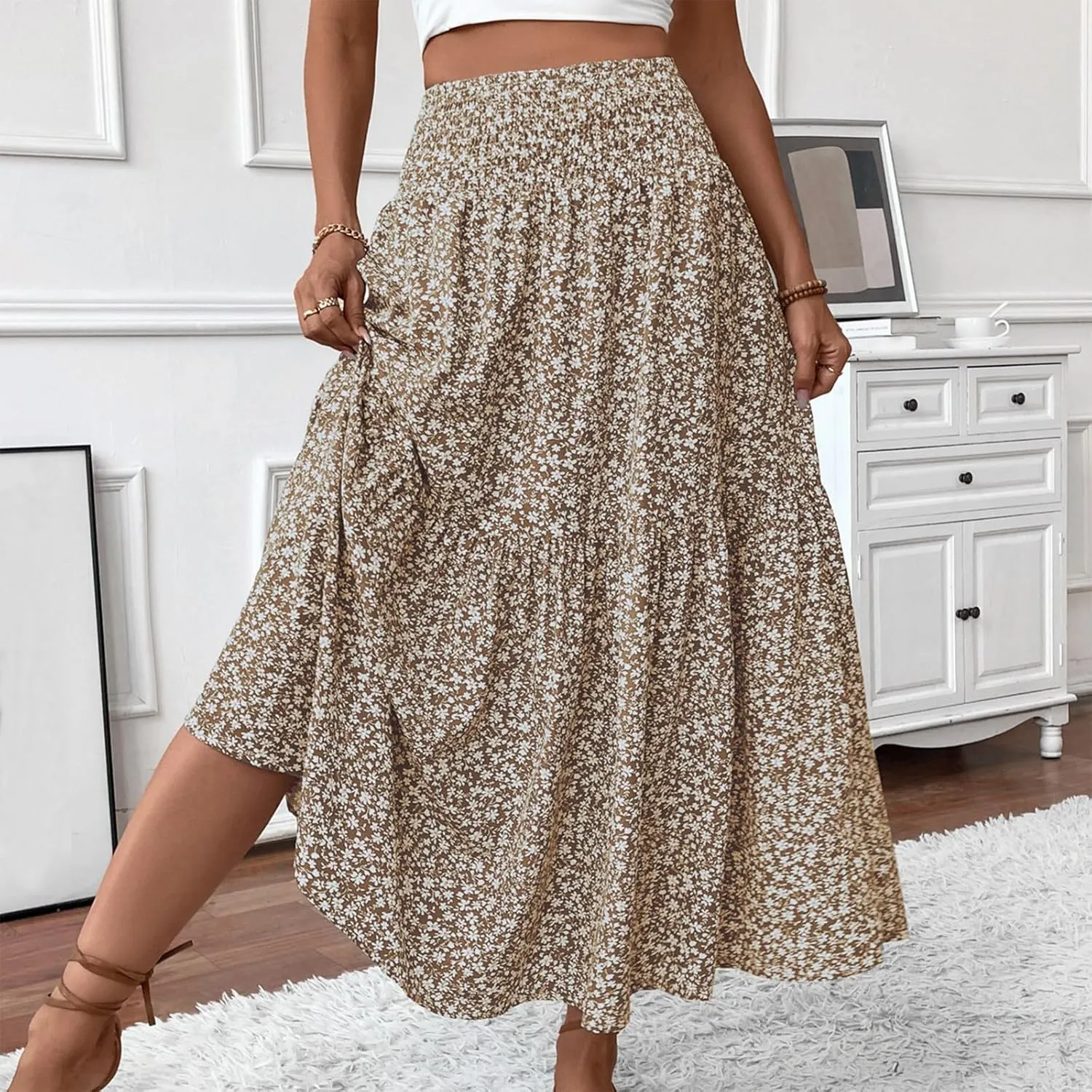 Floral Skirts for Women Summer Loose Casual Trendy Solid Elastic Waist Lightweight Boho Flowy Maxi Skirt, S-XL
