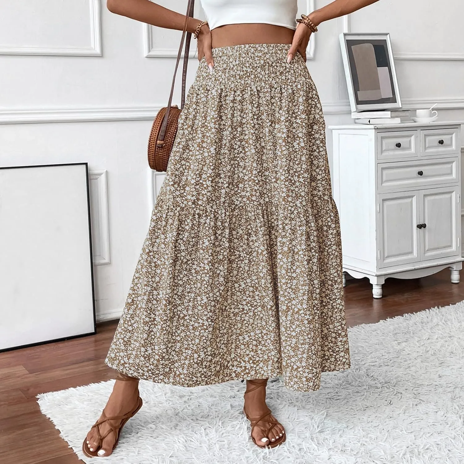 Floral Skirts for Women Summer Loose Casual Trendy Solid Elastic Waist Lightweight Boho Flowy Maxi Skirt, S-XL