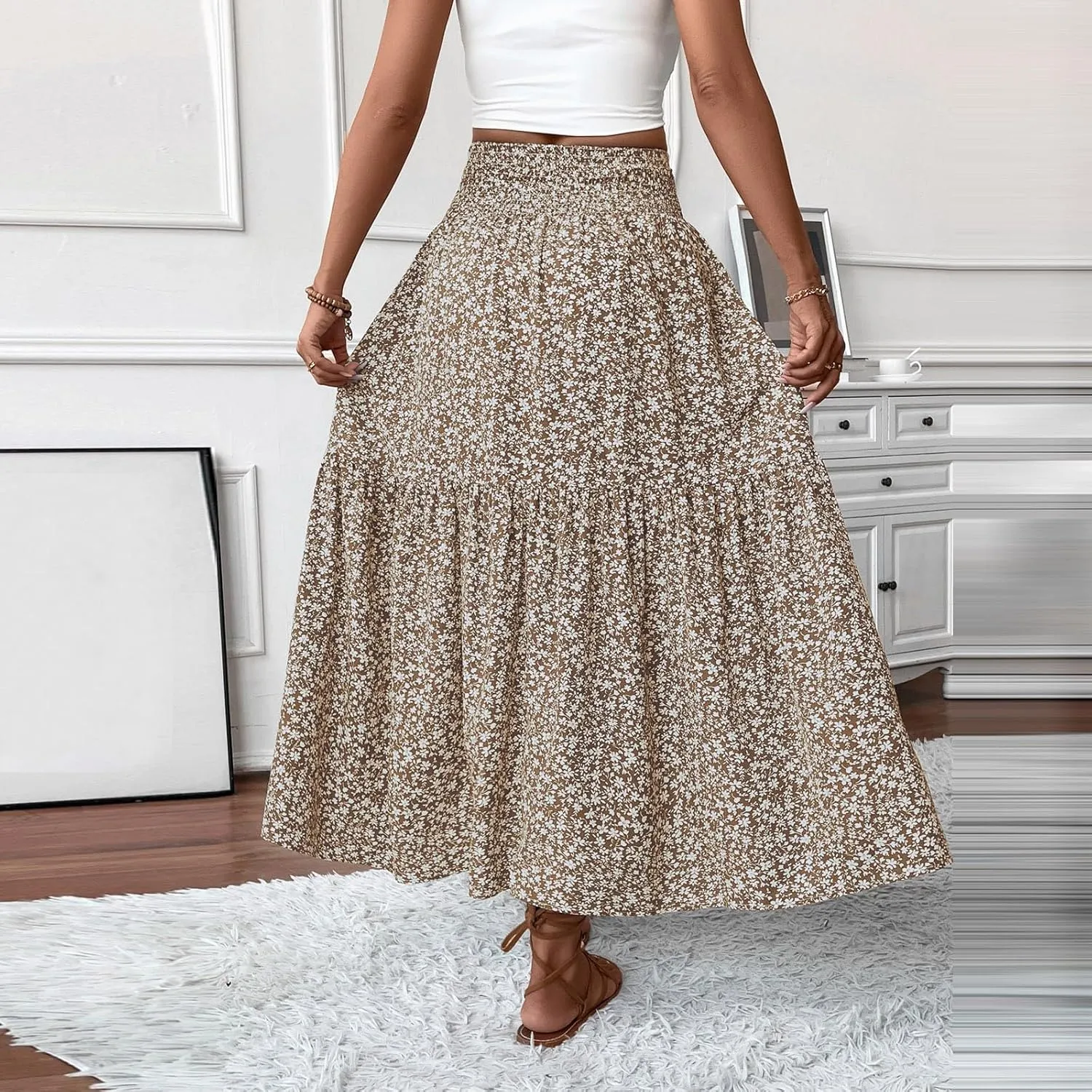 Floral Skirts for Women Summer Loose Casual Trendy Solid Elastic Waist Lightweight Boho Flowy Maxi Skirt, S-XL