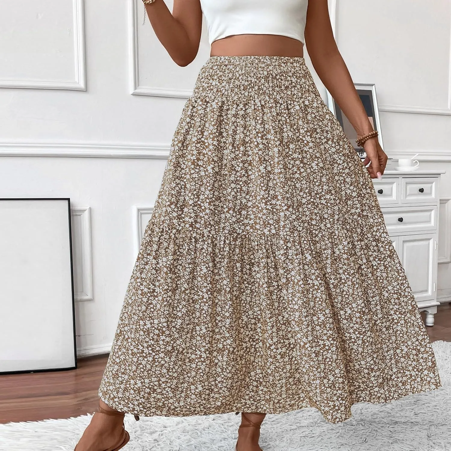 Floral Skirts for Women Summer Loose Casual Trendy Solid Elastic Waist Lightweight Boho Flowy Maxi Skirt, S-XL