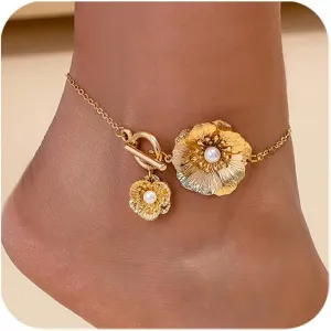 Flower Anklets Gold Ankle Bracelets for Women Waterproof Dainty Gold Anklets Bracelet Metal Flower T Toggle Link Foot Chain Summer Beach Jewelry