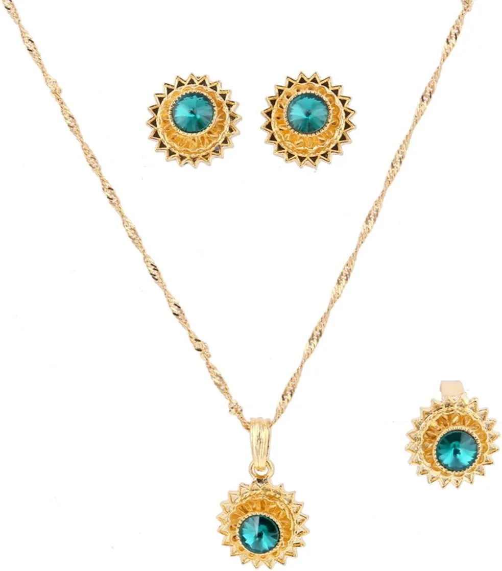 Flower Jewelry Set Ethiopian Gold Jewelry Sets Earrings Pendant Ring with Stone African Habesha Nigeria Jewelry