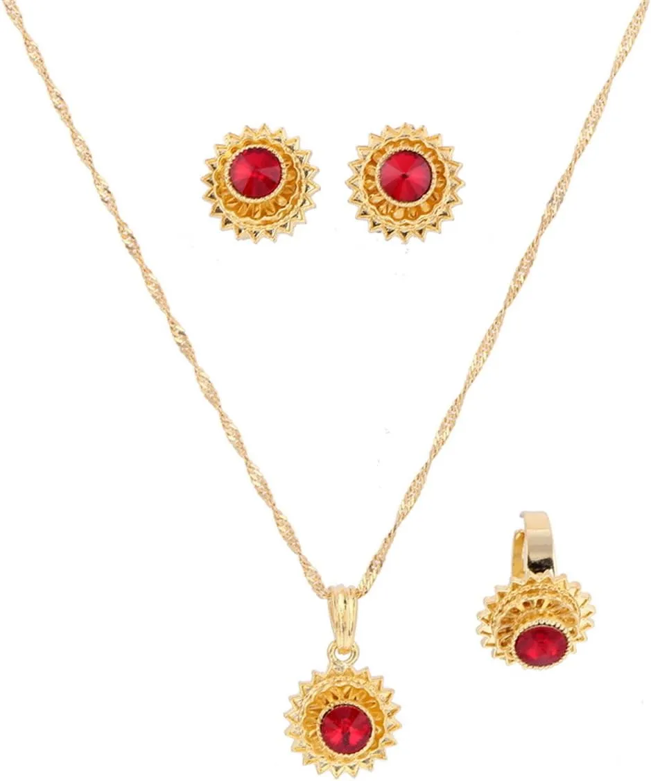 Flower Jewelry Set Ethiopian Gold Jewelry Sets Earrings Pendant Ring with Stone African Habesha Nigeria Jewelry