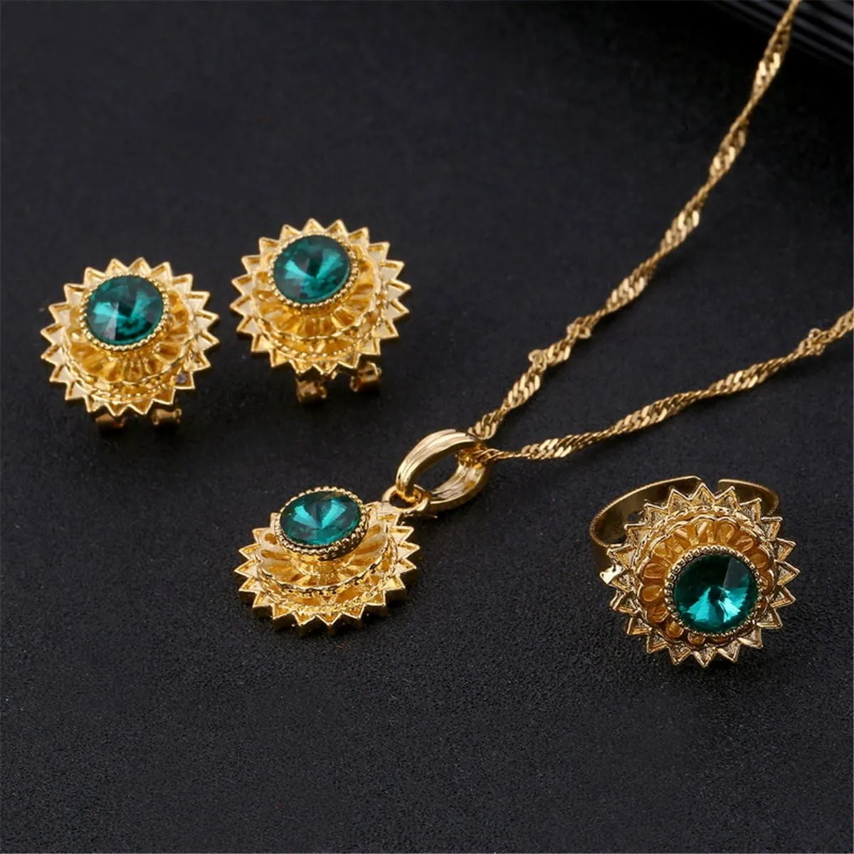 Flower Jewelry Set Ethiopian Gold Jewelry Sets Earrings Pendant Ring with Stone African Habesha Nigeria Jewelry