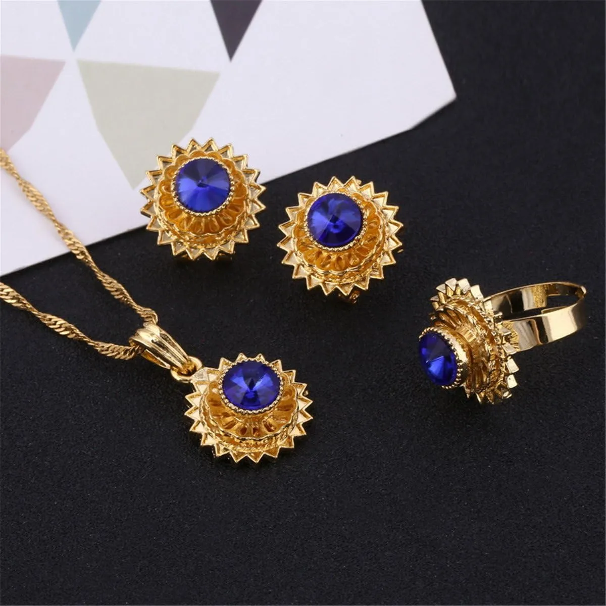 Flower Jewelry Set Ethiopian Gold Jewelry Sets Earrings Pendant Ring with Stone African Habesha Nigeria Jewelry