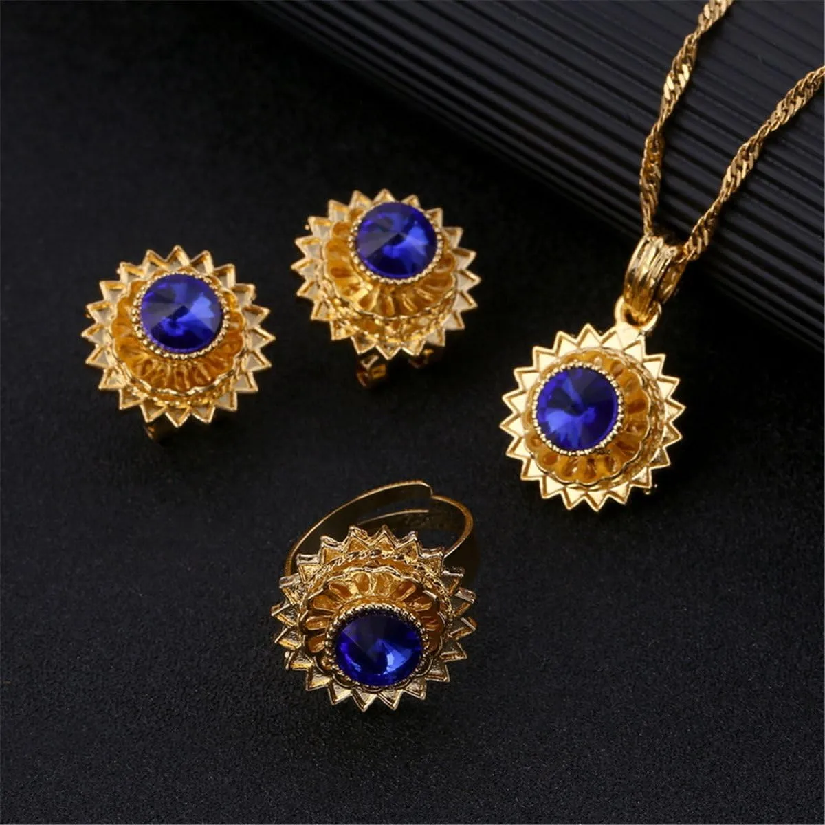 Flower Jewelry Set Ethiopian Gold Jewelry Sets Earrings Pendant Ring with Stone African Habesha Nigeria Jewelry