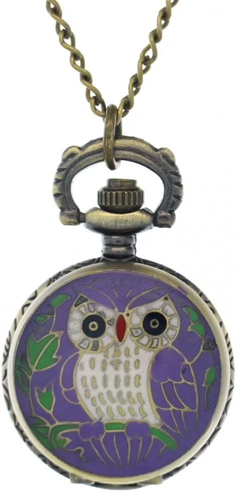 FobTime Cute Owl with Purple Wings Design Bronze Animal-Shaped Enamel Girls Students Pocket Watches