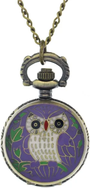 FobTime Cute Owl with Purple Wings Design Bronze Animal-Shaped Enamel Girls Students Pocket Watches