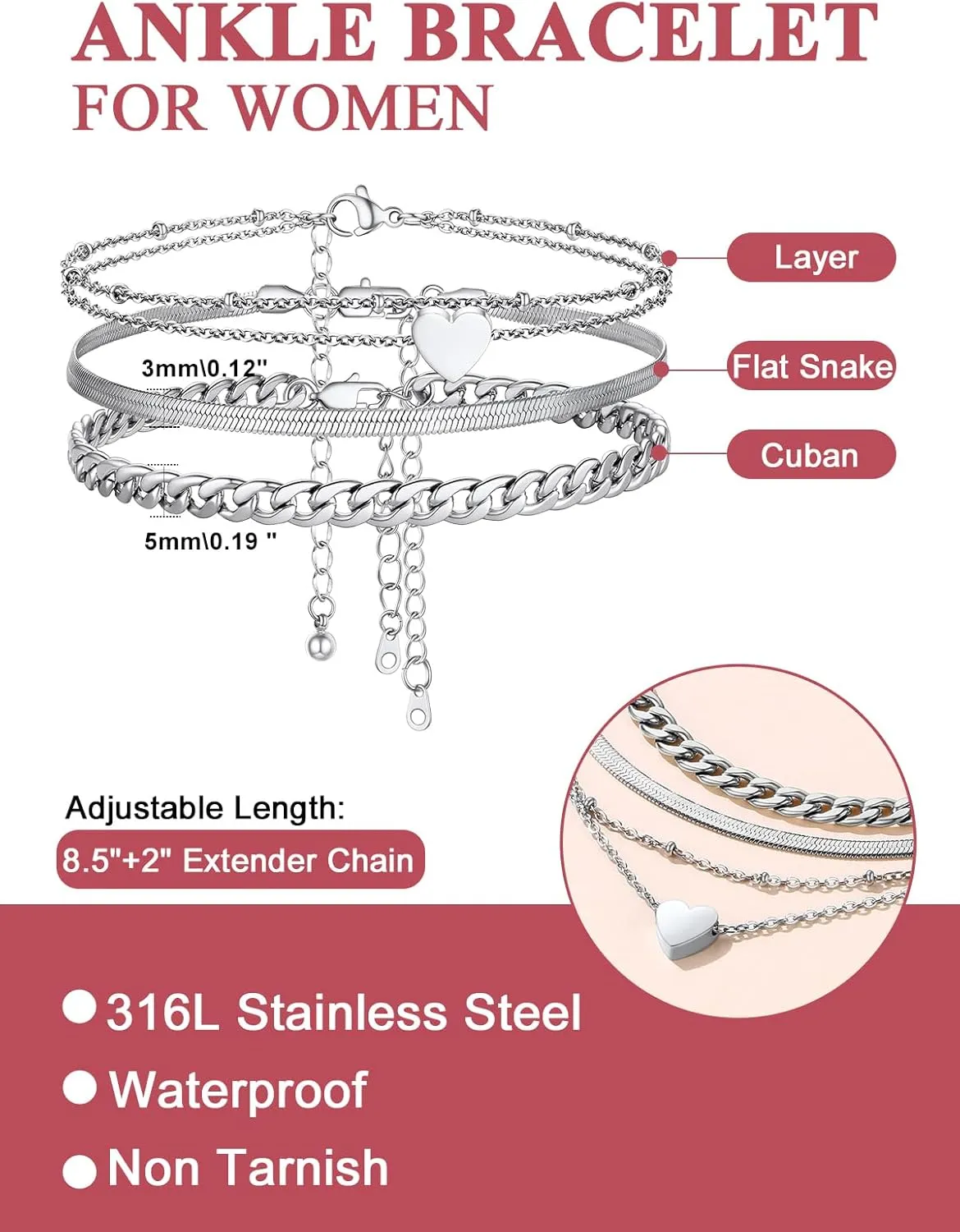 FOCALOOK 14K Gold Plated Anklet Bracelets for Women, Adjustable Waterproof Cuban/Figaro/Flat Snake/Paperclip Link Chain Heart Charm Anklets Set for Plus Size Ankle 8-10.5 Inch Summer Beach Jewelry