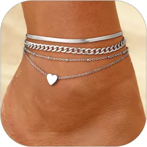 FOCALOOK 14K Gold Plated Anklet Bracelets for Women, Adjustable Waterproof Cuban/Figaro/Flat Snake/Paperclip Link Chain Heart Charm Anklets Set for Plus Size Ankle 8-10.5 Inch Summer Beach Jewelry