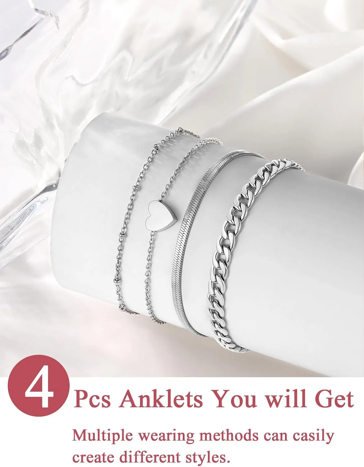 FOCALOOK 14K Gold Plated Anklet Bracelets for Women, Adjustable Waterproof Cuban/Figaro/Flat Snake/Paperclip Link Chain Heart Charm Anklets Set for Plus Size Ankle 8-10.5 Inch Summer Beach Jewelry