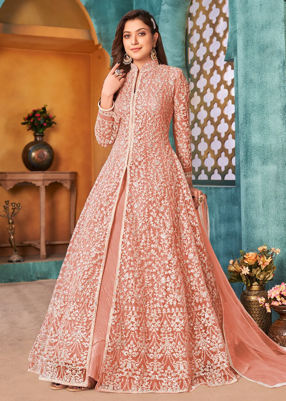 Front Slit Peachy Pink Wedding Wear Anarkali Suit