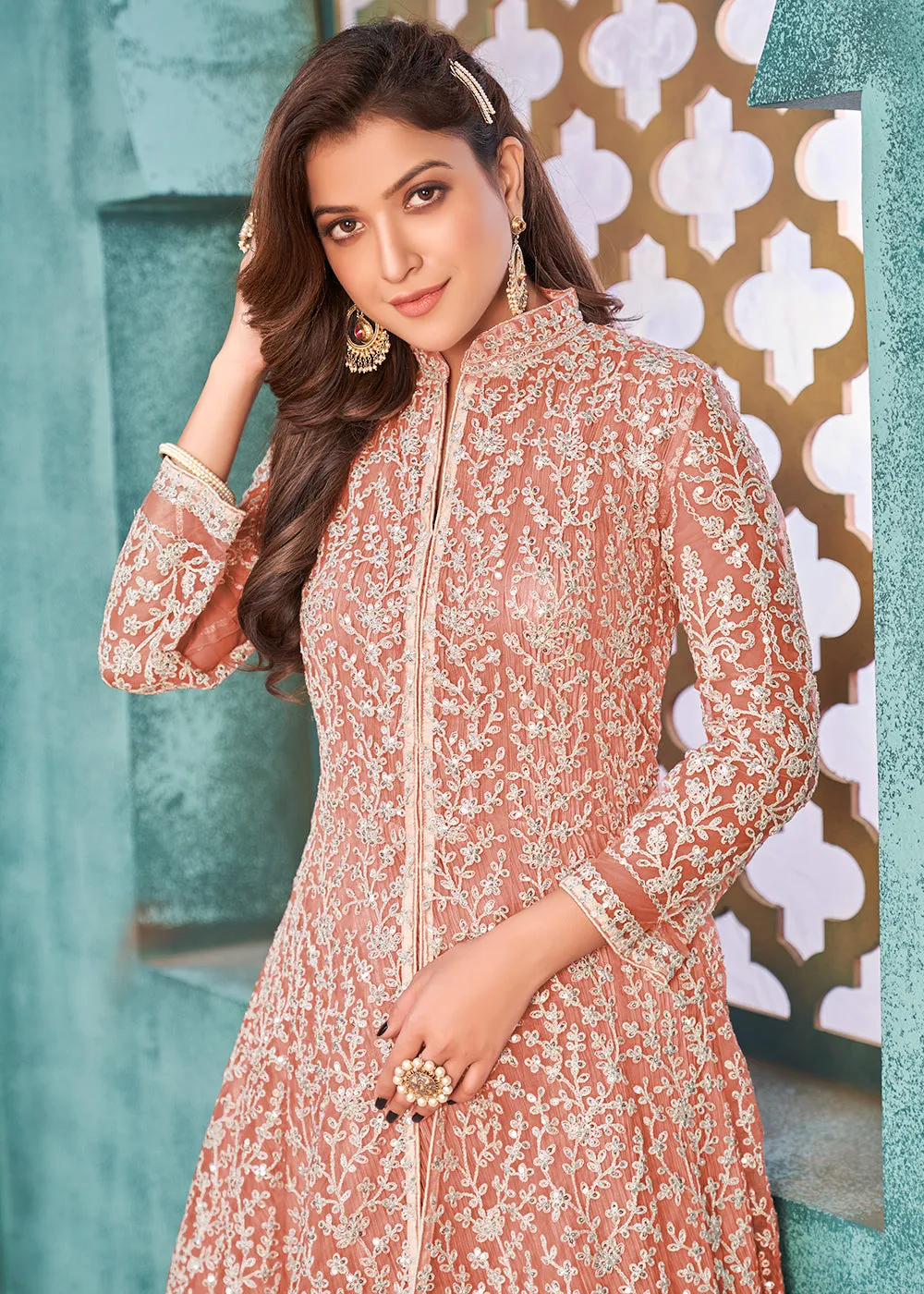 Front Slit Peachy Pink Wedding Wear Anarkali Suit
