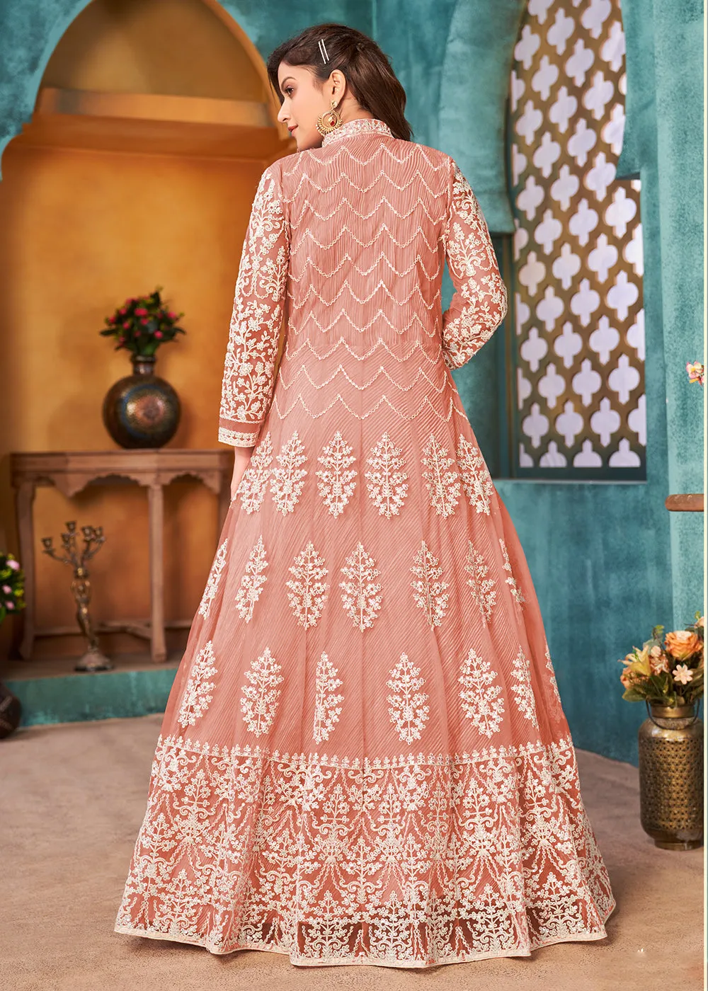 Front Slit Peachy Pink Wedding Wear Anarkali Suit