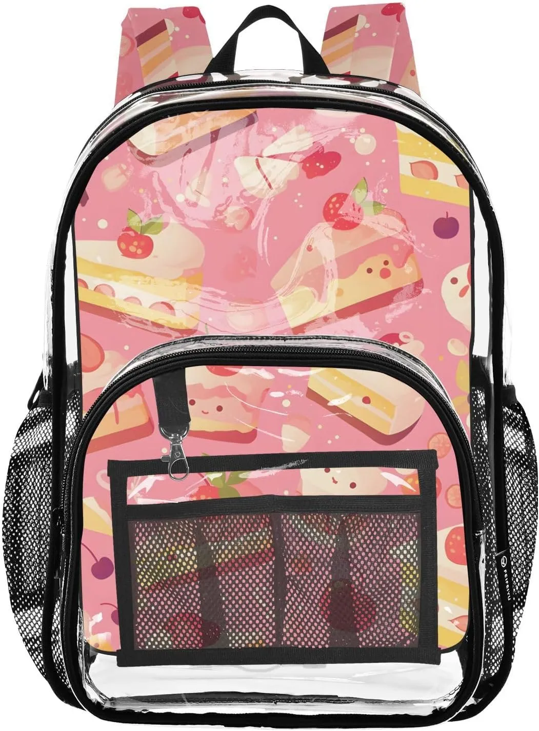 Fruit Cake Clear Plastic Backpack - Transparent PVC Heavy Duty Bag with Large Main Pocket and Mesh Pockets - Ideal for School, Travel, Outings - Clear Backpack for School and Everyday Use
