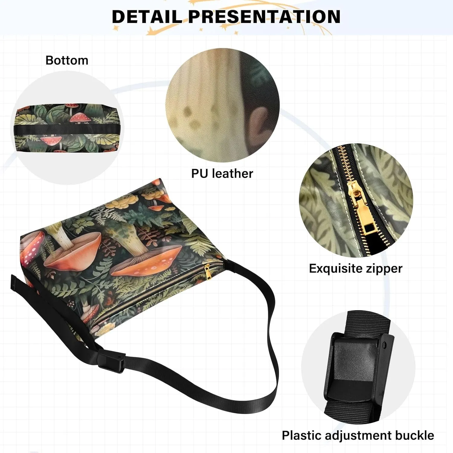 GAIGEO Mushroom with Plants and Trees Men Shoulder Bags, Leather Crossbody Shoulder Bag, Shoulder Handbag with Pockets