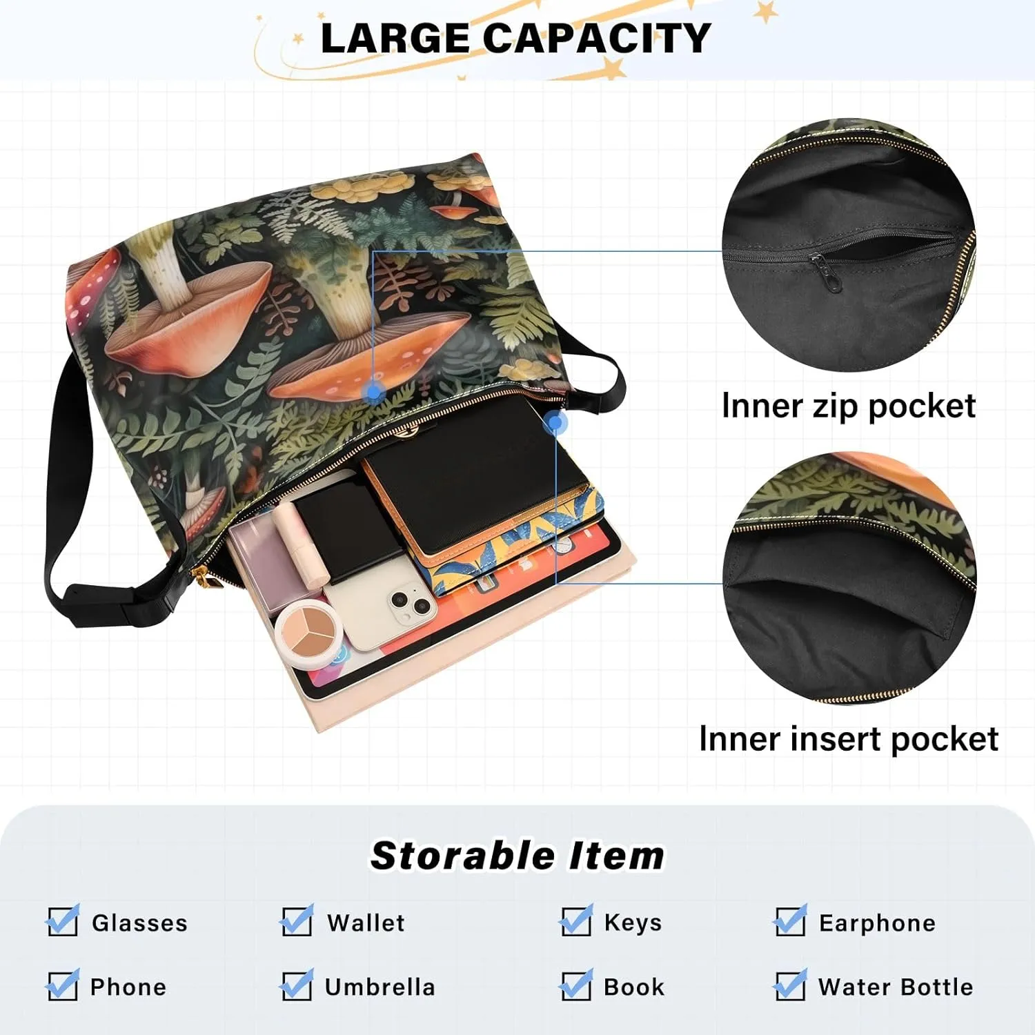 GAIGEO Mushroom with Plants and Trees Men Shoulder Bags, Leather Crossbody Shoulder Bag, Shoulder Handbag with Pockets
