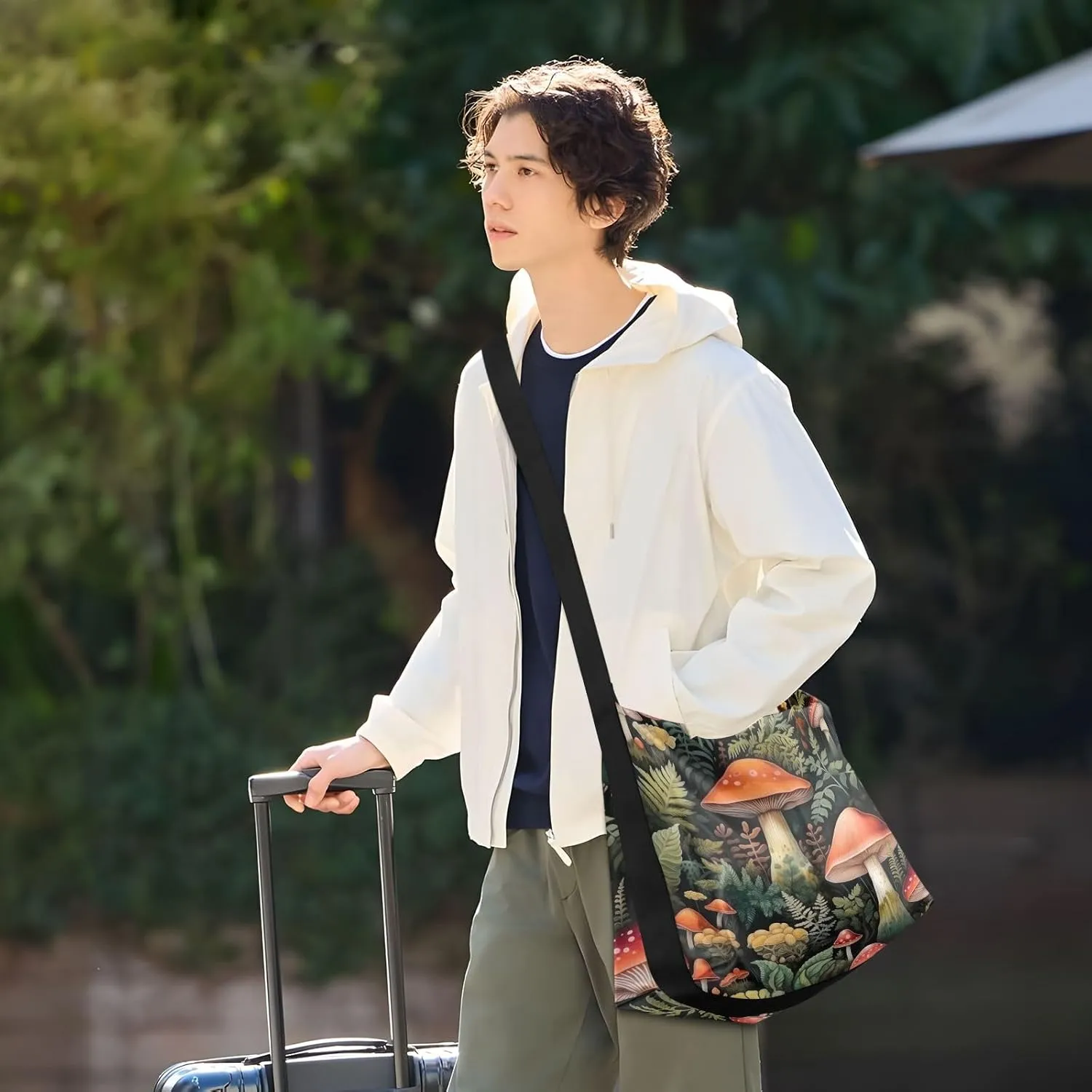 GAIGEO Mushroom with Plants and Trees Men Shoulder Bags, Leather Crossbody Shoulder Bag, Shoulder Handbag with Pockets