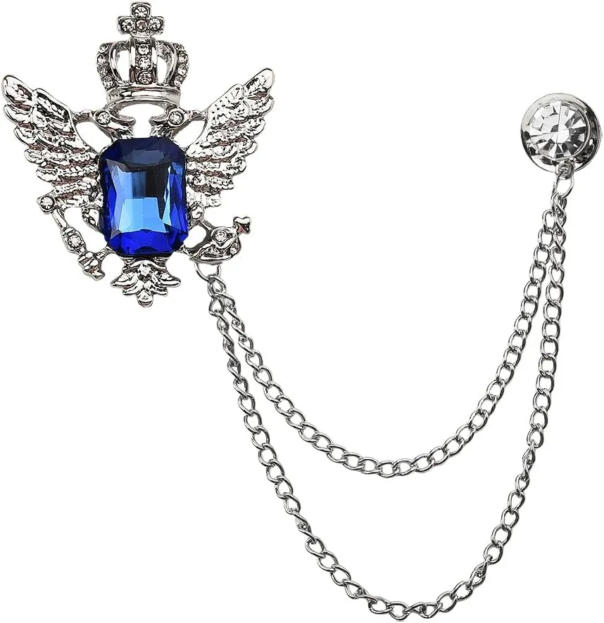 Gem Crystal Brooch Lapel Pins Mens Silver Gold Stoned Wing Crown Brooch Pin with Layered Chain Tassel Decorative Suit Tie Pins Accessories for Men