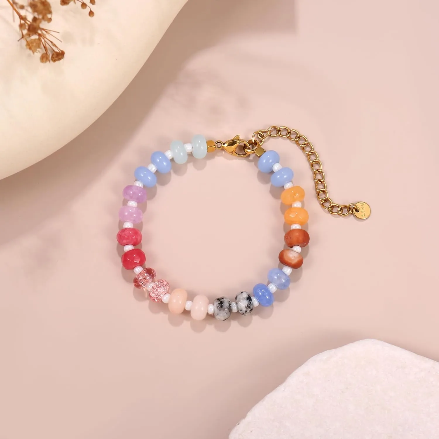Gemstone Beaded Bracelet for Women Colorful Natural Stone Freshwater Pearl Surfer Beach Rainbow Bracelet Jewelry Gift
